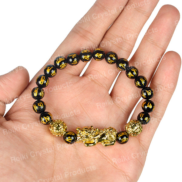 Natural Black Obsidian Pixiu Bracelet 8 mm Round Bead Bracelet for Protection, Wealth, Good Luck & Prosperity