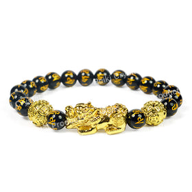 Natural Black Obsidian Pixiu Bracelet 8 mm Round Bead Bracelet for Protection, Wealth, Good Luck & Prosperity | Reiki Charged Gemstone Bracelet for Men & Women