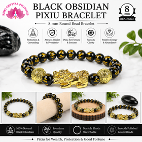 Natural Black Obsidian Pixiu Bracelet 8 mm Round Bead Bracelet for Protection, Wealth, Good Luck & Prosperity | Reiki Charged Gemstone Bracelet for Men & Women
