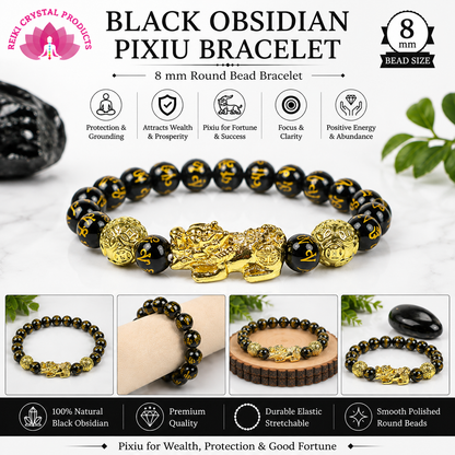 Natural Black Obsidian Pixiu Bracelet 8 mm Round Bead Bracelet for Protection, Wealth, Good Luck & Prosperity | Reiki Charged Gemstone Bracelet for Men & Women
