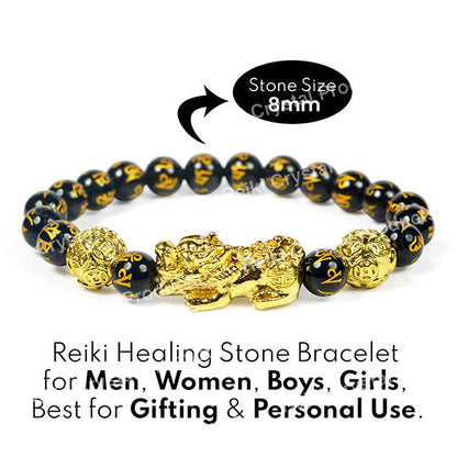 Natural Black Obsidian Pixiu Bracelet 8mm Round Bead Bracelet for Protection, Wealth, Good Luck & Prosperity