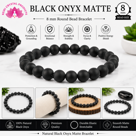 Natural Black Onyx Matte 8 mm Round Bead Bracelet for Protection, Strength, Confidence & Positive Energy  Reiki Charged Gemstone Bracelet for Men & Women
