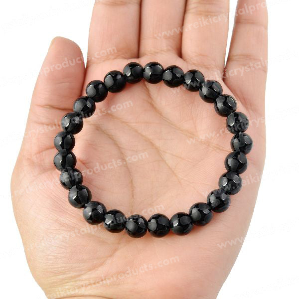 Natural Black Onyx Self 8mm Round Bead Bracelet for Protection, Strength, Confidence & Positive Energy | Reiki Charged Gemstone Bracelet for Men & Women