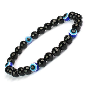 Natural Black Onyx with Evil Eye 6 mm Faceted Bead Bracelet for Protection, Confidence, Good Luck & Positive Energy | Reiki Charged Gemstone Bracelet for Men & Women