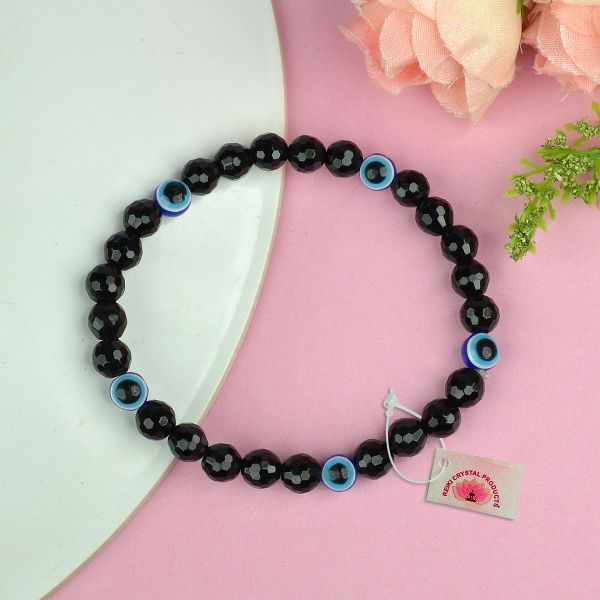 Natural Black Onyx with Evil Eye 6mm Faceted Bead Bracelet for Protection, Confidence, Good Luck & Positive Energy