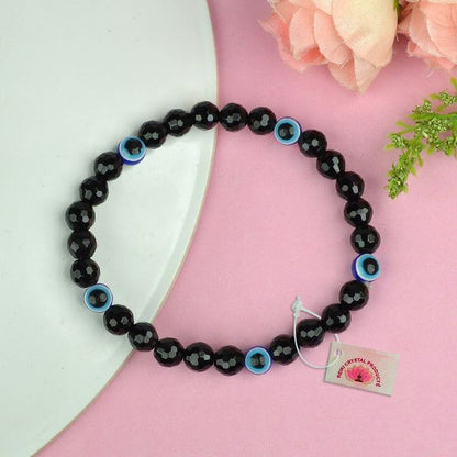 Natural Black Onyx with Evil Eye 6mm Faceted Bead Bracelet for Protection, Confidence, Good Luck & Positive Energy