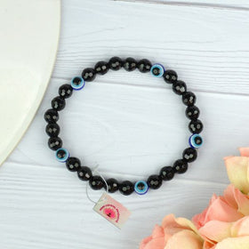Natural Black Onyx with Evil Eye 6mm Faceted Bead Bracelet for Protection, Confidence, Good Luck & Positive Energy | Reiki Charged Gemstone Bracelet for Men & Women