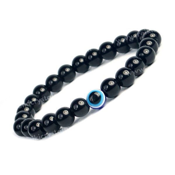 Natural Black Onyx with Evil Eye 8 mm Round Bead Bracelet for Protection, Confidence, Good Luck & Positive Energy