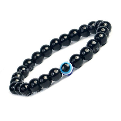 Natural Black Onyx with Evil Eye 8 mm Round Bead Bracelet for Protection, Confidence, Good Luck & Positive Energy