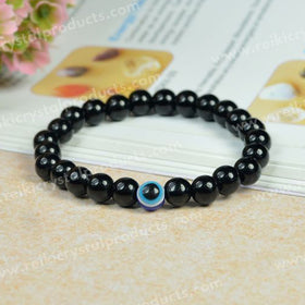 Natural Black Onyx with Evil Eye 8 mm Round Bead Bracelet for Protection, Confidence, Good Luck & Positive Energy | Reiki Charged Gemstone Bracelet for Men & Women