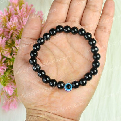 Natural Black Onyx with Evil Eye 8mm Round Bead Bracelet for Protection, Confidence, Good Luck & Positive Energy | Reiki Charged Gemstone Bracelet for Men & Women
