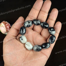 Natural Black Rutile Quartz Big Round Tumble Bracelet for Protection, Grounding, Focus, Confidence 
