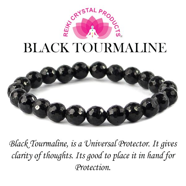 Natural Black Tourmaline 8 mm Faceted Bead Bracelet for Protection, Grounding, Strength & Positive Energy