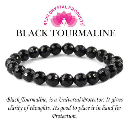 Natural Black Tourmaline 8 mm Faceted Bead Bracelet for Protection, Grounding, Strength & Positive Energy