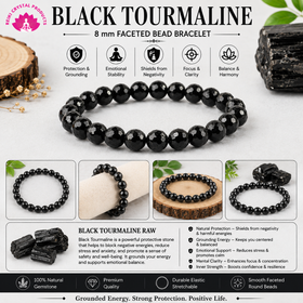 Natural Black Tourmaline 8 mm Faceted Bead Bracelet for Protection, Grounding, Strength & Positive Energy  Reiki Charged Gemstone Bracelet for Men & Women
