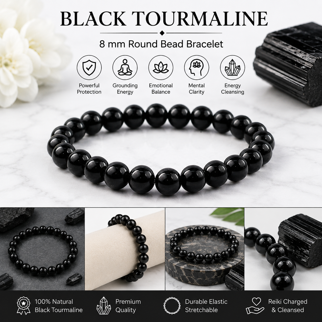 Natural Black Tourmaline 8 mm Round Bead Bracelet  Protection, Grounding & Positive Energy  Reiki Charged Crystal Bracelet for Men & Women
