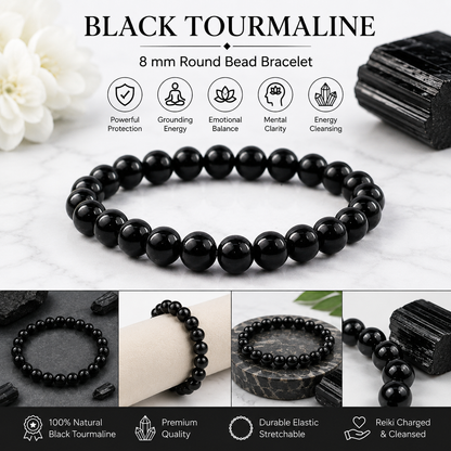 Natural Black Tourmaline 8 mm Round Bead Bracelet  Protection, Grounding & Positive Energy  Reiki Charged Crystal Bracelet for Men & Women