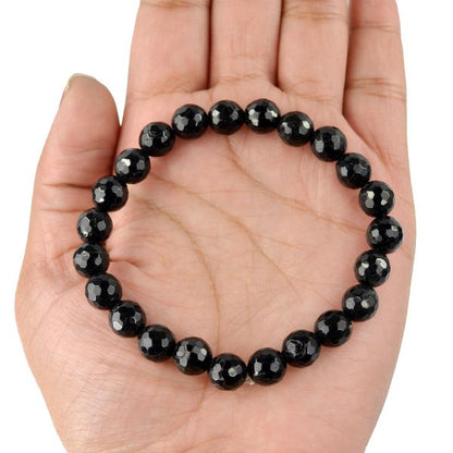 Natural Black Tourmaline 8mm Faceted Bead Bracelet for Protection, Grounding, Strength & Positive Energy | Reiki Charged Gemstone Bracelet for Men & Women