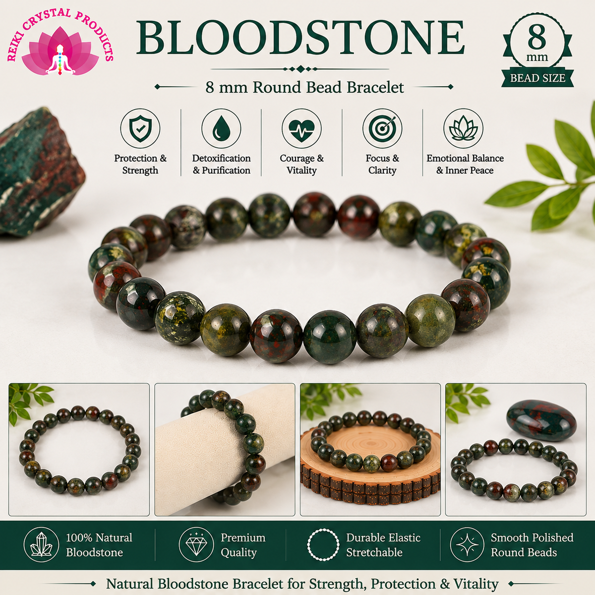 Natural Bloodstone 8 mm Round Bead Bracelet for Courage, Strength, Confidence, Grounding & Positive Energy  Crystal Bracelet for Men & Women
