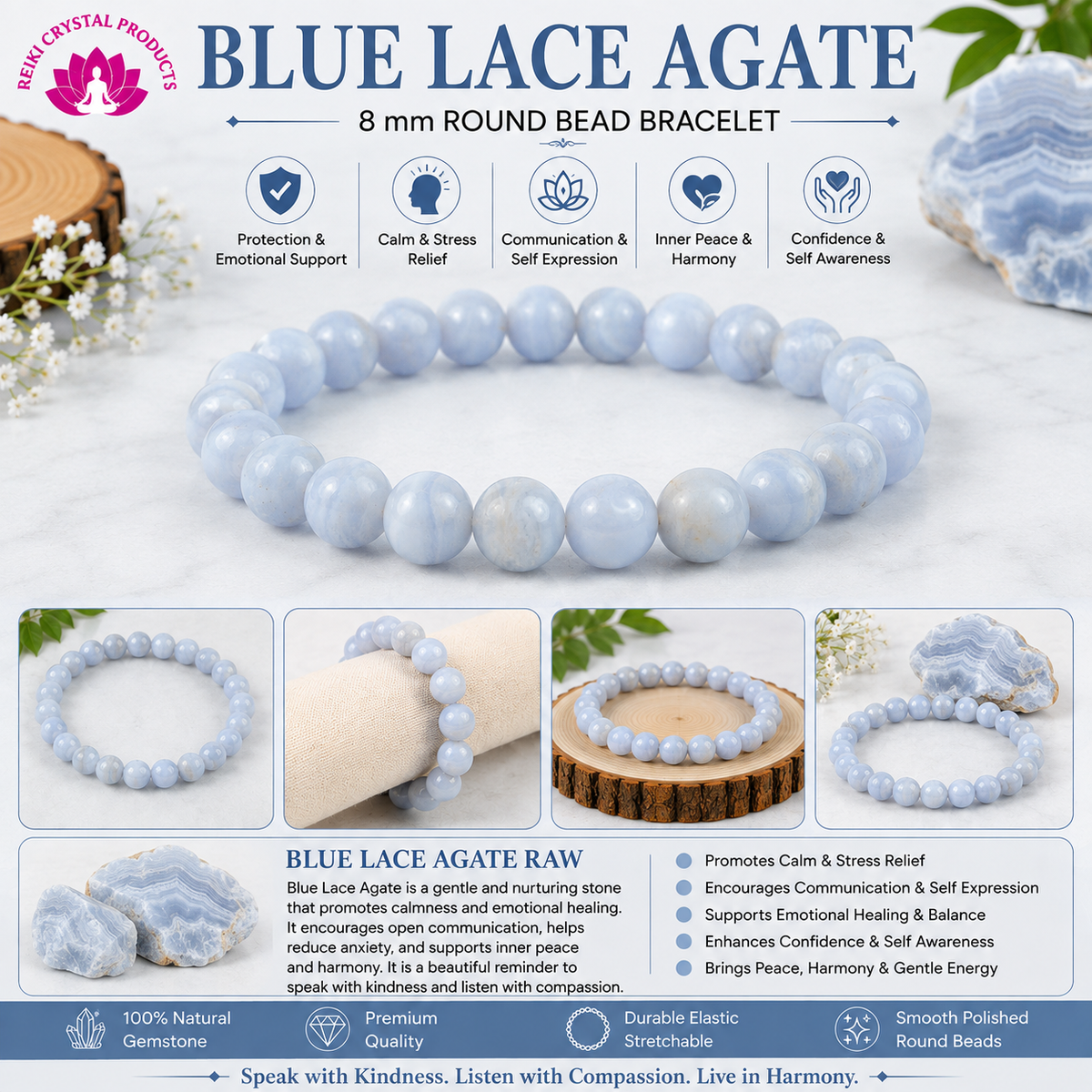 Natural Blue Lace Agate 8 mm Round Bead Bracelet for Calmness, Communication, Emotional Balance & Positive Energy  Crystal Bracelet for Men & Women