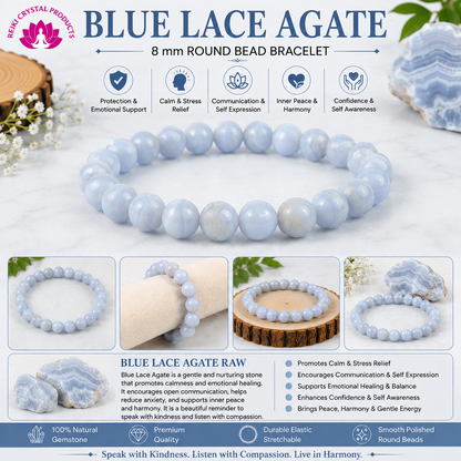 Natural Blue Lace Agate 8 mm Round Bead Bracelet for Calmness, Communication, Emotional Balance & Positive Energy  Crystal Bracelet for Men & Women