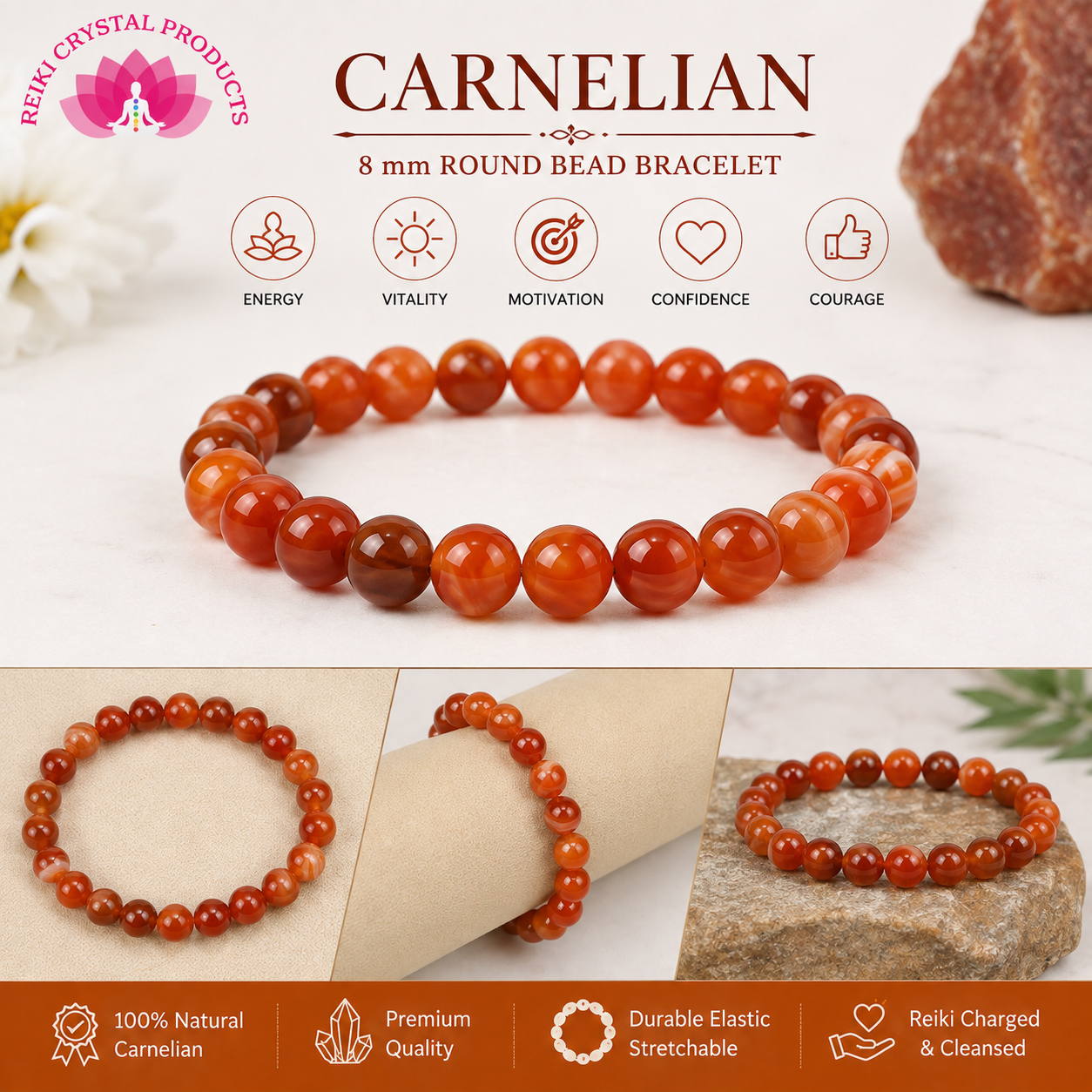 Natural Carnelian 8 mm Round Bead Bracelet for Courage, Confidence, Motivation & Positive Energy | Reiki Charged Gemstone Bracelet for Men & Women
