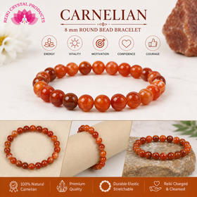 Natural Carnelian 8 mm Round Bead Bracelet for Courage, Confidence, Motivation & Positive Energy | Reiki Charged Gemstone Bracelet for Men & Women
