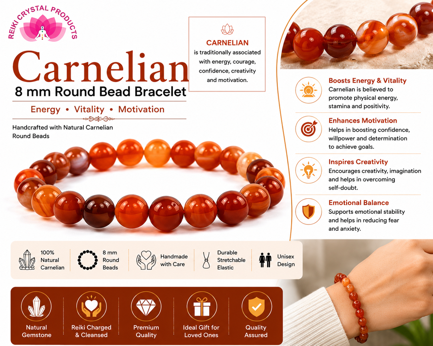 Natural Carnelian 8mm Round Bead Bracelet for Courage, Confidence, Motivation & Positive Energy | Reiki Charged Gemstone Bracelet for Men & Women