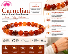 Natural Carnelian 8mm Round Bead Bracelet for Courage, Confidence, Motivation & Positive Energy | Reiki Charged Gemstone Bracelet for Men & Women
