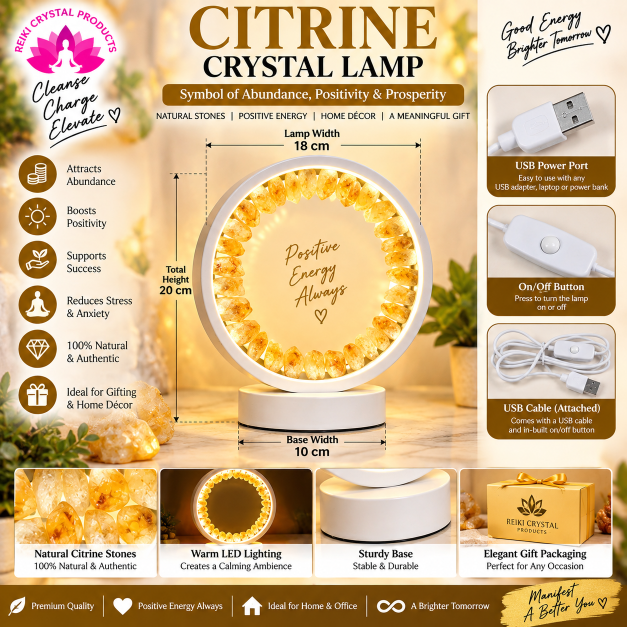 Natural Citrine Crystal Lamp with White Circular Frame