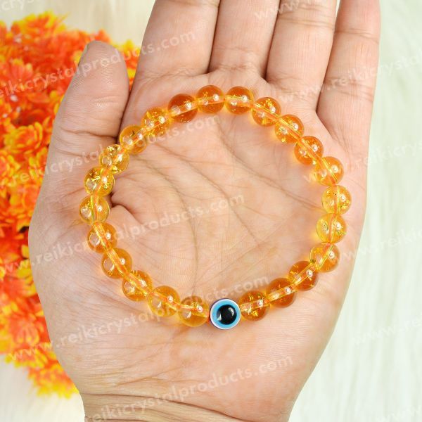 Natural Citrine with Evil Eye 8 mm Round Bead Bracelet for Wealth, Prosperity, Protection & Positive Energy