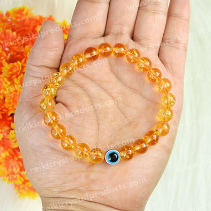 Natural Citrine with Evil Eye 8 mm Round Bead Bracelet for Wealth, Prosperity, Protection & Positive Energy