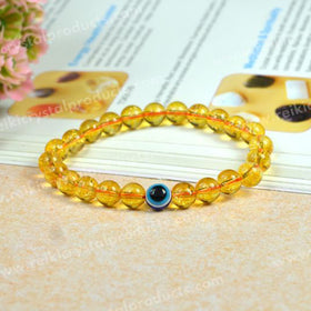 Natural Citrine with Evil Eye 8 mm Round Bead Bracelet for Wealth, Prosperity, Protection & Positive Energy | Reiki Charged Gemstone Bracelet for Men & Women