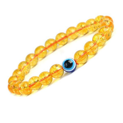 Natural Citrine with Evil Eye 8mm Round Bead Bracelet for Wealth, Prosperity, Protection & Positive Energy