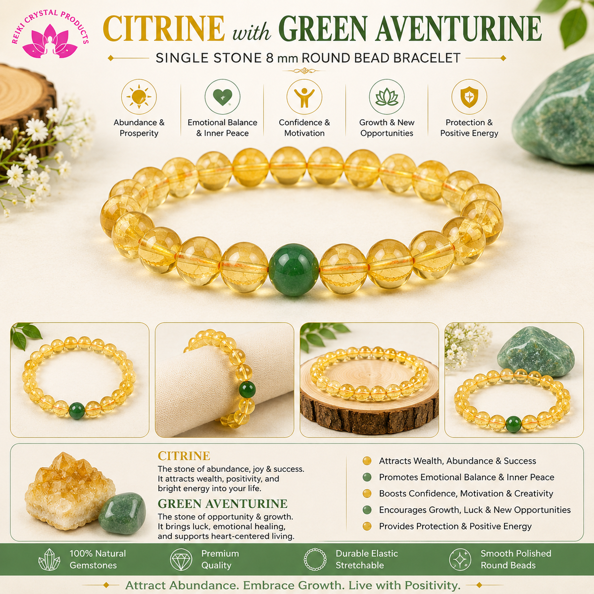 Natural Citrine with Green Aventurine Single Stone 8 mm Round Bead Bracelet for Wealth, Prosperity, Confidence & Positive Energy  Crystal Bracelet for Men & Women