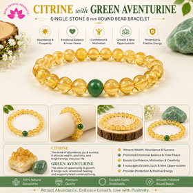 Natural Citrine with Green Aventurine Single Stone 8 mm Round Bead Bracelet for Wealth, Prosperity, Confidence & Positive Energy  Crystal Bracelet for Men & Women