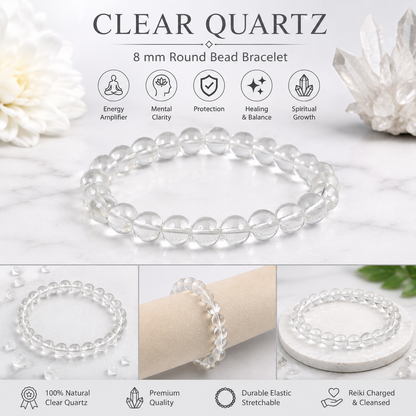 Natural Clear Quartz (Sphatik) 8 mm Round Bead Bracelet for Clarity, Focus, Positive Energy & Spiritual Awareness