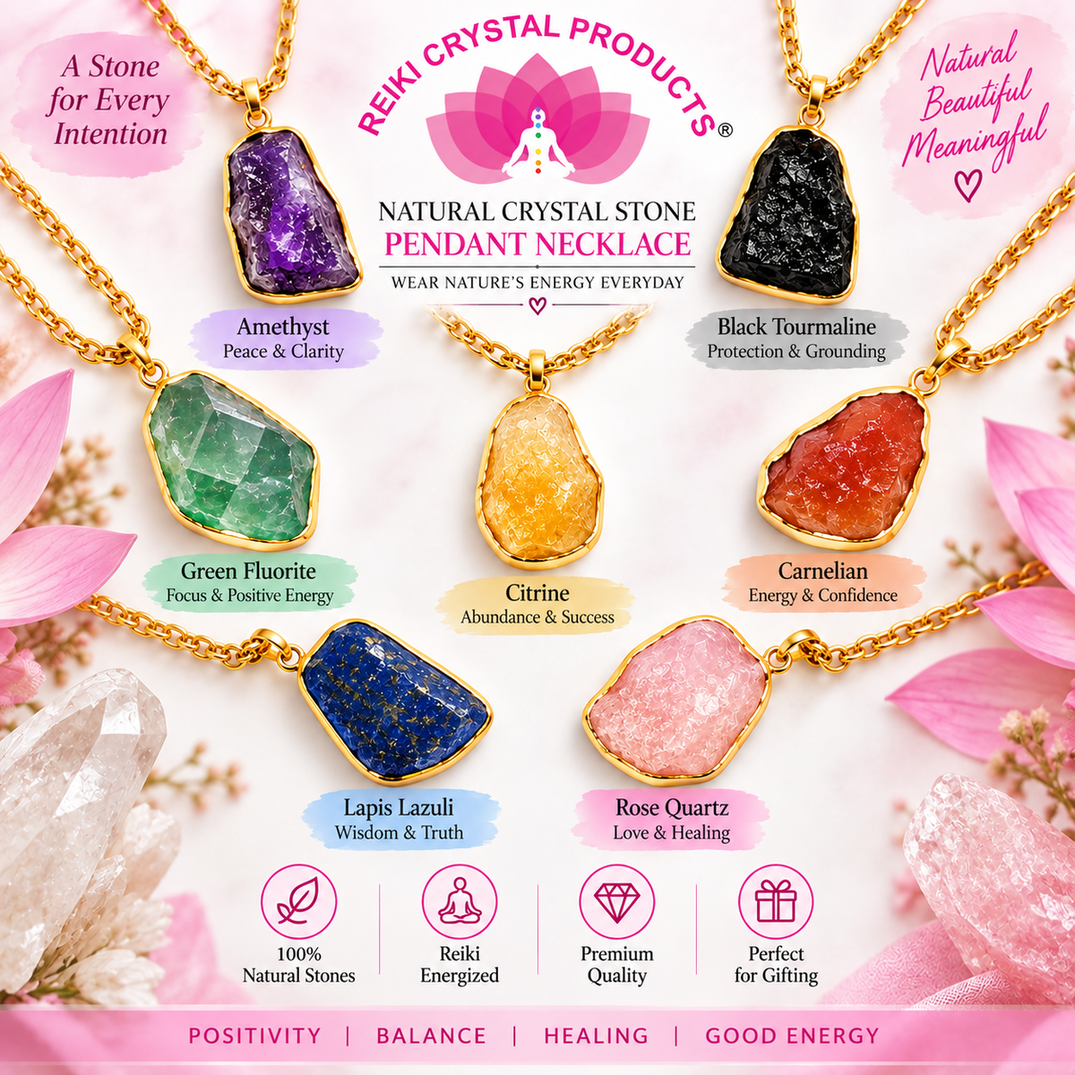 Natural Crystal Pendant Necklace with Golden Metal Chain