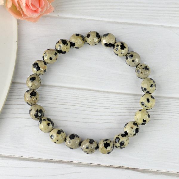Natural Dalmatian Jasper 8 mm Faceted Bead Bracelet for Protection, Joy, Emotional Balance & Positive Energy