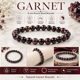 Natural Garnet 8 mm Round Bead Bracelet for Passion, Confidence, Vitality & Positive Energy  Crystal Bracelet for Men & Women