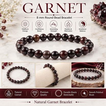 Natural Garnet 8 mm Round Bead Bracelet for Passion, Confidence, Vitality & Positive Energy  Crystal Bracelet for Men & Women