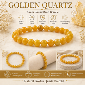 Natural Golden Quartz 8 mm Round Bead Bracelet for Confidence, Focus, Success & Positive Energy | Crystal Bracelet for Men & Women
