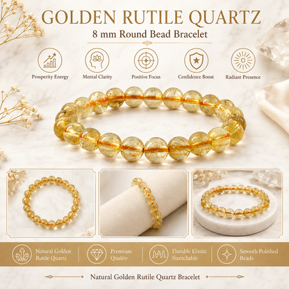 Natural Golden Rutile Quartz 8 mm Round Bead Bracelet for Strength, Confidence, Focus & Positive Energy  Crystal Bracelet for Men & Women