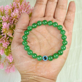 Natural Green Aventurine with Evil Eye 8 mm Round Bead Bracelet for Luck, Prosperity, Protection & Positive Energy