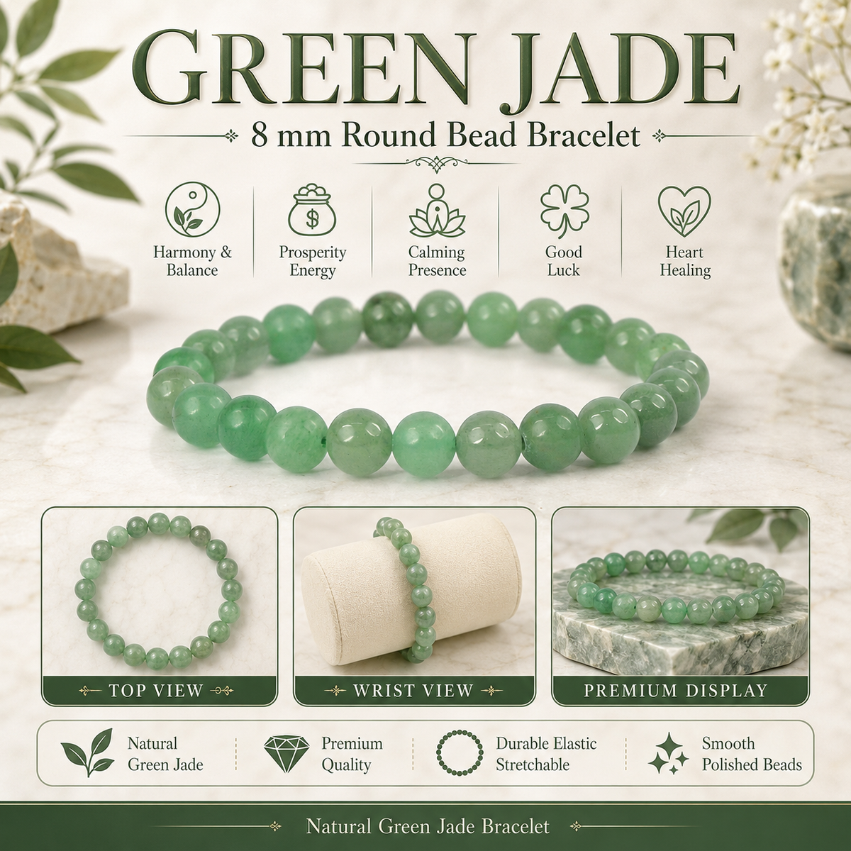 Natural Green Jade 8 mm Round Bead Bracelet for Prosperity, Good Luck, Harmony & Positive Energy | Reiki Charged Gemstone Bracelet for Men & Women