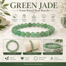 Natural Green Jade 8 mm Round Bead Bracelet for Prosperity, Good Luck, Harmony & Positive Energy | Reiki Charged Gemstone Bracelet for Men & Women