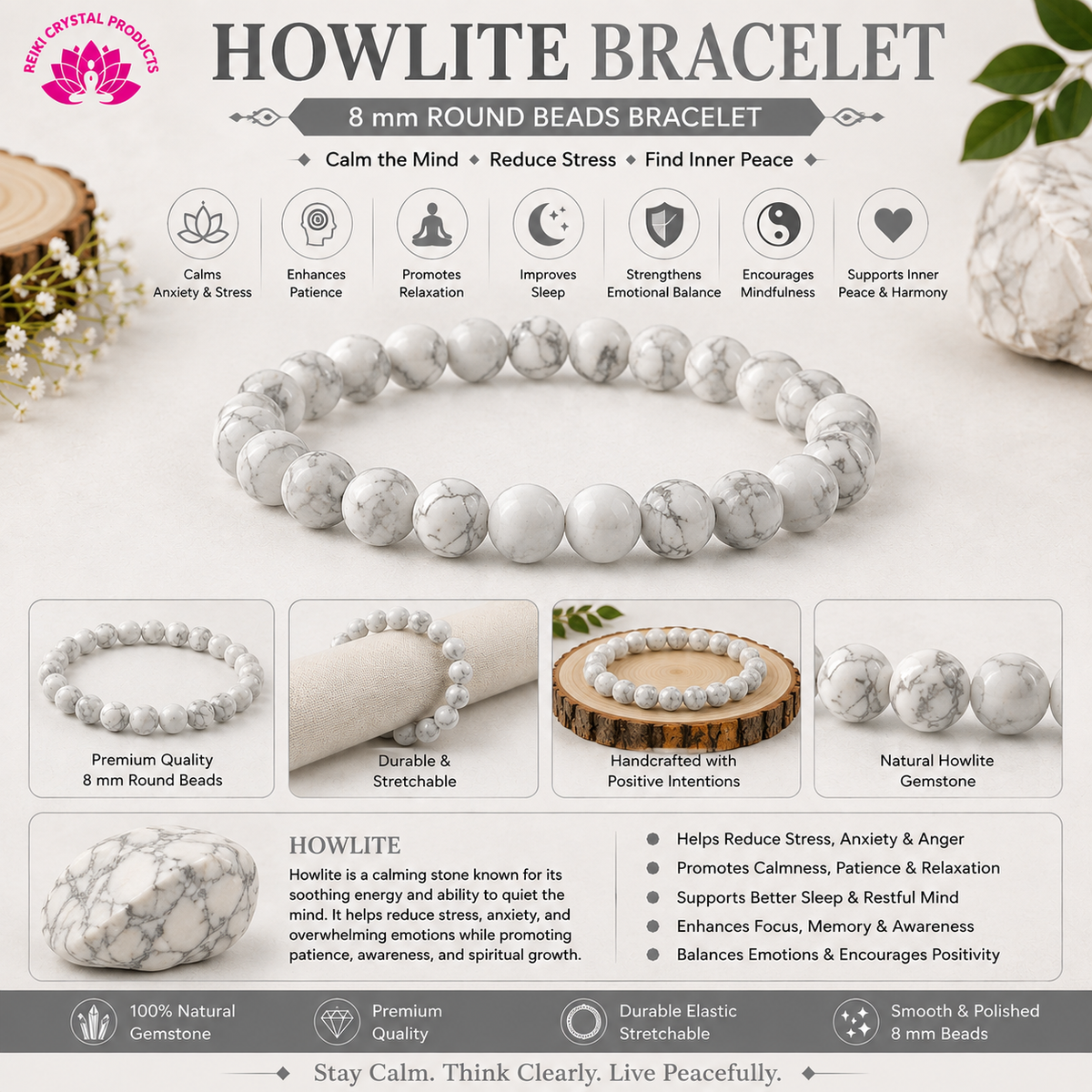 Natural Howlite 8 mm Round Beads Bracelet for Calmness, Patience, Emotional Balance, Focus & Positive Energy  Crystal Bracelet for Men & Women