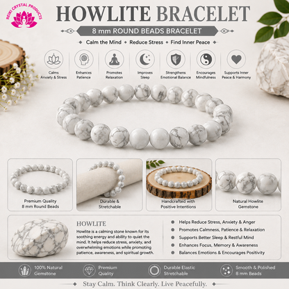 Natural Howlite 8 mm Round Beads Bracelet for Calmness, Patience, Emotional Balance, Focus & Positive Energy  Crystal Bracelet for Men & Women