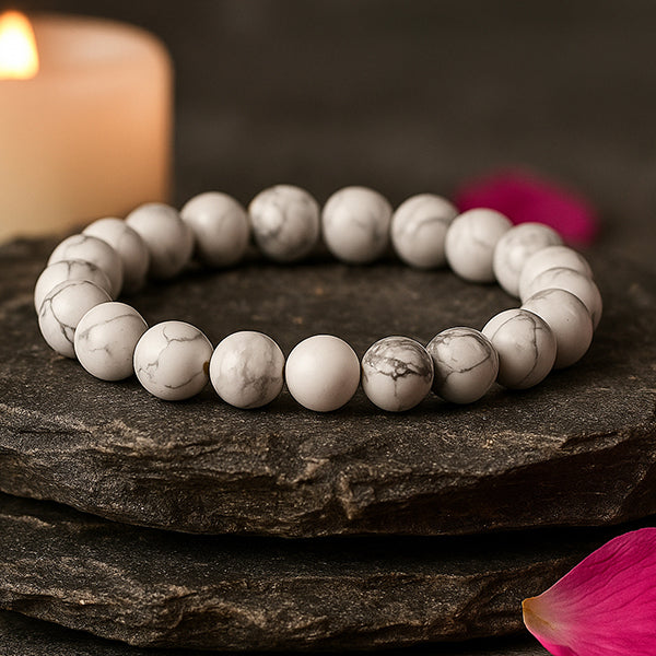Natural Howlite 8mm Round Beads Bracelet for Calmness, Patience, Emotional Balance, Focus & Positive Energy  Crystal Bracelet for 