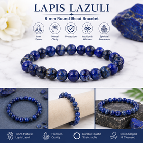 Natural Lapis Lazuli 8 mm Round Bead Bracelet for Wisdom, Communication, Confidence & Mental Clarity
